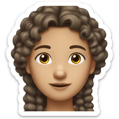 girl with long curly brown hair, she has light, white skin, two moles on her right cheek, brown hair sticker