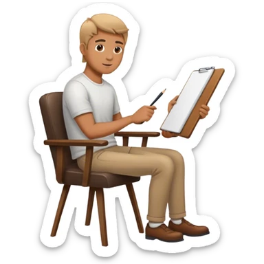 A man sits in a chair and draws sticker