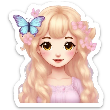 Cute kawaii gorgeous pretty anime cartoon pastel lady with butterflies and beautiful hair fairycore cottagecore sticker