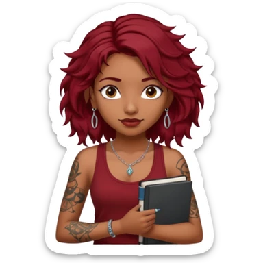 a pretty tan indian bratz girl with messy dark wavyred hair, wearing a dark red tank top, layered silver necklaces. Carrying multiple sketchbooks and pens, tattoos on arm sticker