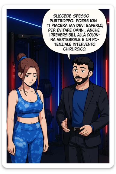 fai questa immagine in versione fumetto/manga/webtoon a colori, il manga mostra l'uomo che risponde alla donne:
Succede spesso purtroppo. 
Forse non ti piacerà ma devi saperlo, per evitare danni, anche irreversibili, alla colonna vertebrale e un potenziale intervento chirurgico. sticker