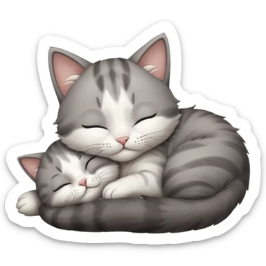grey and white small cat with eyes closed lying down upside down tightly hugging its own face sticker