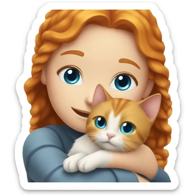 Ginger haired girl with blue eyes hugging a grey cat with yellow eyes sticker