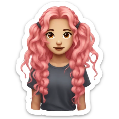 Idol girl with reddish-pink eyes and long, messy coral pink hair that falls below her shoulder blades, with two clumps of hair tied into small loose fluffy pigtails near the top sticker