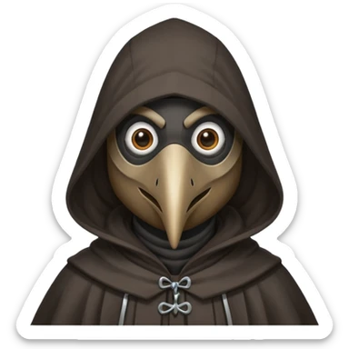 plague doctor
hooded cloak - dark black/charcoal
cute, simplified style
happy expression sticker