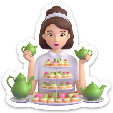Sophisticated British young woman at afternoon tea party with teapot, cucumber sandwiches and petit fours sticker