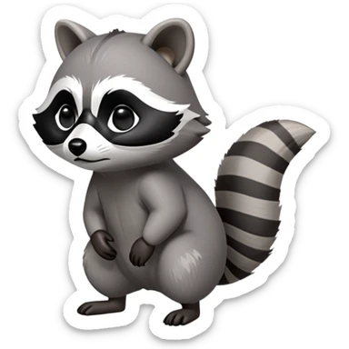 Cinematic-cute Raccoon-Realistic-hunched Full-Body on all fours-Emoji – Tail flicking lazily, head tilted dramatically, thick grey fur with a signature black mask, sharp and alert ears, simplified yet realistic focused features, highly detailed, glowing with an almost sarcastic glow big black eyes realistic body sticker