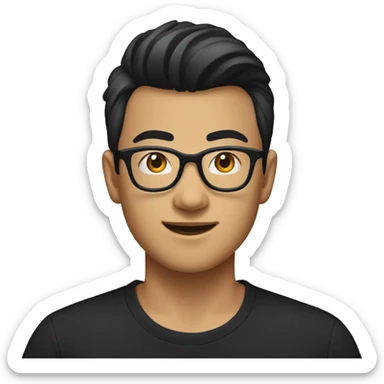 25 year old Asian male with glasses and pompadour hair, black tshirt sticker