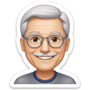 người đàn ông 60 tuổi, da trắng, tóc bạc, mặt cười tươi vui vẻ, đeo kính, nửa thân trên sticker