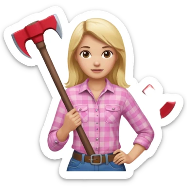 lumberjack blonde woman holding axe pink checked shirt sticker