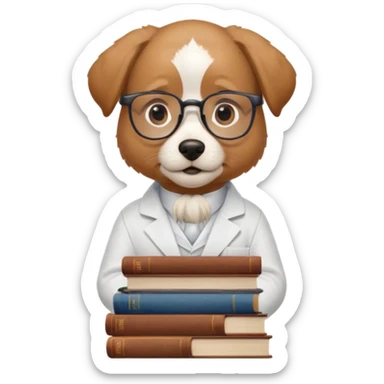 Wise dog with glasses, wearing a lab coat, perched on a stack of books. sticker