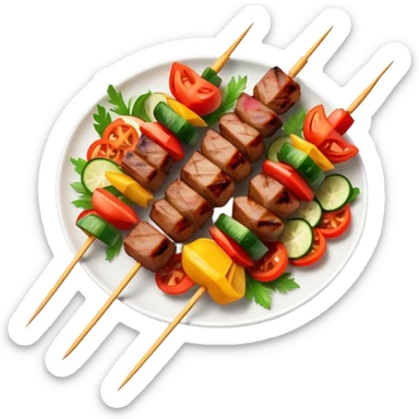 Cinematic Realistic Shish Kebab Dish Emoji, showcasing skewered, grilled meat with vibrant vegetables rendered with dynamic textures and warm, inviting lighting. sticker