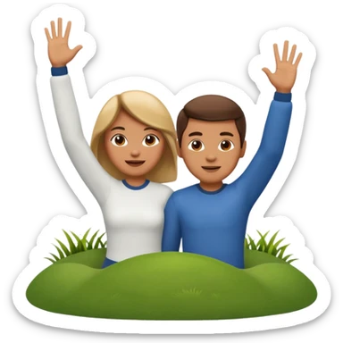 A 3D cartoon couple on top of a hill raising hands in victory, sunny sky and nature background, Memoji-style. sticker