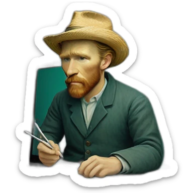 Vincent van Gogh working on a macbook sticker