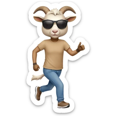 friendly anthropomorphised goat in jeans and a t-shirt, wearing dark sunglasses, jogging upright in standard pose sticker