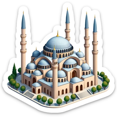 Isometric illustration of Istanbul, featuring Hagia Sophia with its large central dome and four tall minarets, paint photorealistic style sticker