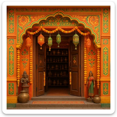 an Indian shop with colorful exterior, traditional elements, inviting, vibrant, no text sticker