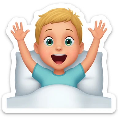 3 year old blonde boy with green-blueish eyes waking up from bed, raising both arms up and yawning. No tears. No scared face, he looks sad! Make the boy happy sticker