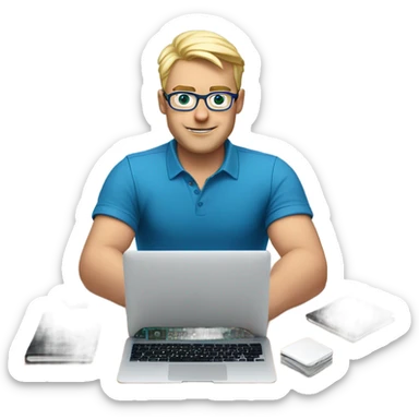 man looks 35 classes, european, tech nerd love pcb designing, blue shirt blond short hair, blue eyes with specs behind macbook on with pcb on the desk sticker