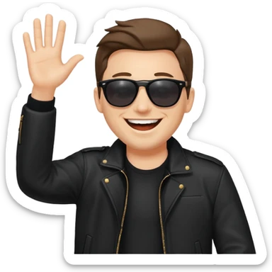 happy man with sunglasses, laughing, waving, black jacket sticker