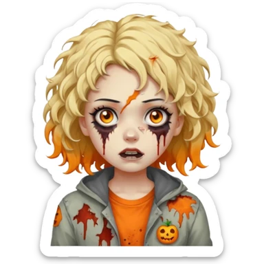 Faça uma garota zumbi de cabelo cacheado preto e uma mecha descolorida meio alaranjada do lado esquerdo sticker