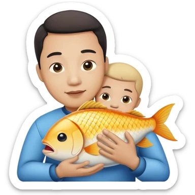 Asian man holding/hugging a fish like a baby sticker