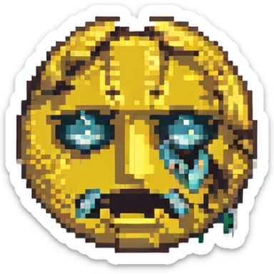 A happy-looking pixel art emoji with a broken mask revealing a sad face and empty eyes. sticker