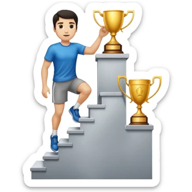UN HOMBRE DE PIEL CLARA Y PELO OSCURO SUBIENDO ESCALERAS PARA ALCANZAR UN TROFEO QUE ESTA EN EL ULTIMO ESCALON sticker