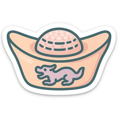 Create a variant of the Chinese gold ingot (yuanbao) with a dragon on the side, in icon-color-outlined style with shadows and highlights, thin clean contours, soft rounded shapes. Use a pastel palette: #98B5BC, #B5B3C1, #C9A3C9, #E4C0CA, #F7DCD1, #F7C0AA. Modern Japanese pop-art and sticker aesthetics, high detail, vector sharpness, soft lighting, transparent background. Shape as in the reference. sticker