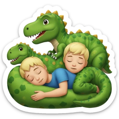 Blond boy sleeping with green pillow with dinosaur sticker