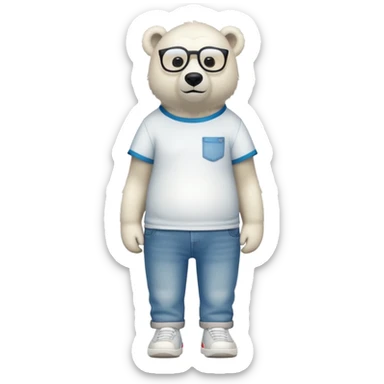friendly anthropomorphised polar bear standing upright, looking relaxed, wearing a shirt, jeans, trainers, oversized multicolored extravagant glasses sticker