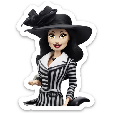 Kentucky Derby Barbie, 1910 Morticia Addams from academy, in dark-gray and black striped outfit with hat. Smiling Driving Mercedes convertible sports car. Pale-white porcelain skin.  sticker