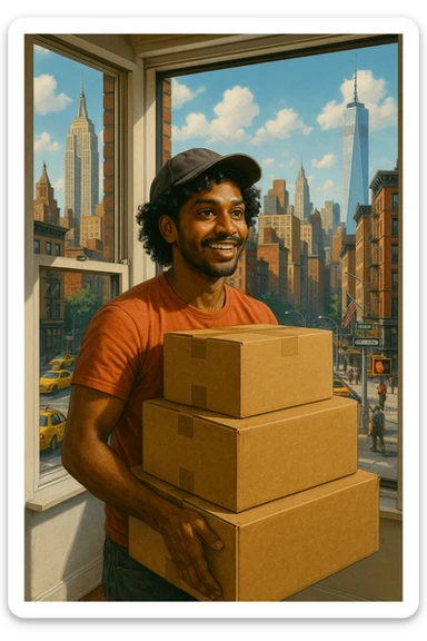 an Indian black man with medium curly hair, wearing a cap, carrying boxes and moving into a New York City apartment, city skyline in the background sticker