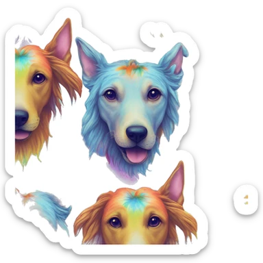 Multicolored rainbow retro groovy tie dye hippie trippy floral patterns on a metallic holographic iridescent blue dog face head unicorn sticker