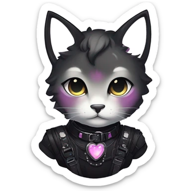 Gorgeous sparkly shiny epic magical gradient gothic dark techwear anime style anthro cat with blushing face aesthetic and pretty edgy black with collar and harness trending style sticker