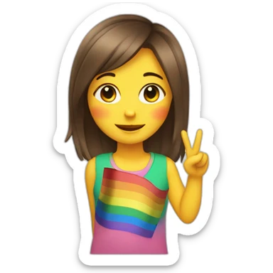 Girl with rainbow flag in the back doing a peace sign and a winky face sticker