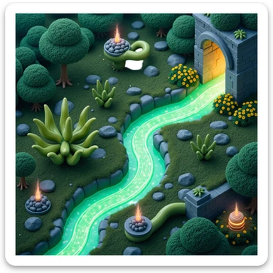 Outside view of an alien farm with bizarre-shaped plants, glowing slime trails, curved alien pipes and floating irrigation orbs sticker