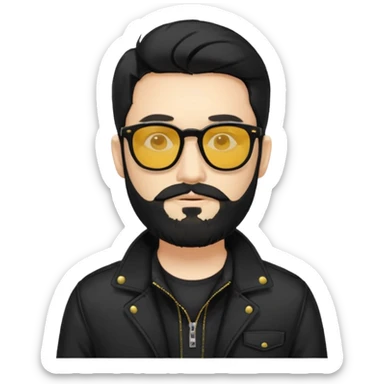 A man White middle long middle part black hair sunglasses with yellowish glasses And black jacket. Hipster black beard sticker
