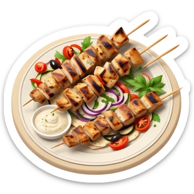 cinematic-realistic-souvlaki-dish-emoji,-showcasing-skewered,-2 grilled-chicken-with-mediterranean-spices-rendered-with-dynamic-textures-and-warm,-appetizing-lighting on pita bread on a plate sticker