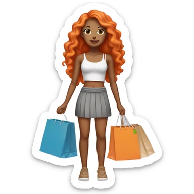 Tan girl with long orange hair wearing a skirt and crop top outfit holding shopping bags sticker