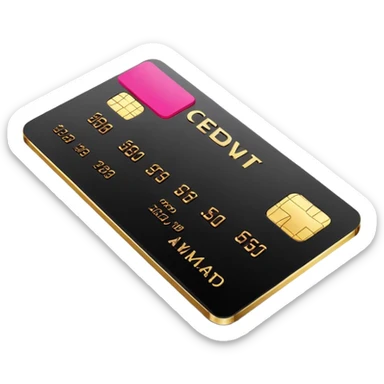 Black sleek credit card with gold chip and hot pink embossed numbers, minimal design, no logos, soft 3D style. sticker
