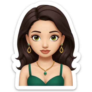 pretty bratz genmoji that looks like tamannah bhatia (bollywood actress), wearing a dark green sweetheart neckline top, dark brown hair, light makeup, no necklace, dangly earrings, side hair part, dark brown eyes, with tattoos sticker