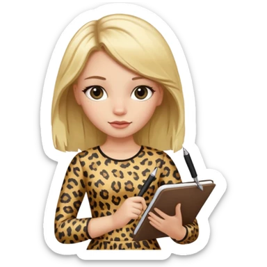 Blond hair girl with a leopard print dress and black leggings holding a note book and a pen sticker