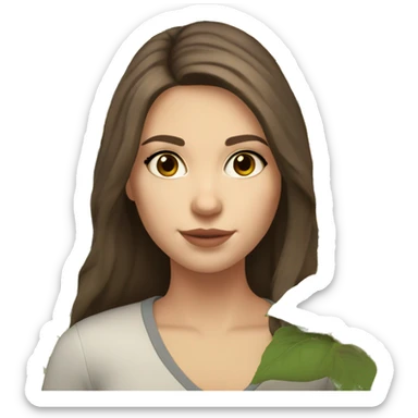 a white girl with shoulder length dark brown hair, small rosy lips holding a bouquet of sunflower sticker