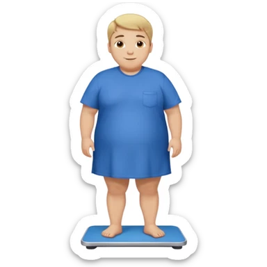 A young male with short dark-blonde hair and medium-light skin, only slightly overweight. He stands on a scale with a relieved, happy expression after noticing weight loss. He wears blue cloth, his posture relaxed with a gentle smile. sticker