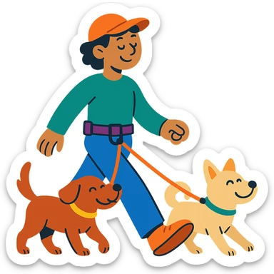 happy person walking two dogs with organized leashes, wearing a multifunctional collar adjusted to the waist, hands free, feeling of tranquility and order, vibrant and friendly style sticker
