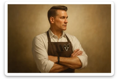 shu pozada turgan faqat chap tarafga qarab turgan sartarosh ustani tasvirlab ber realistik uslubda yoshi kattaroq soqol shart emas sticker