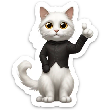 Long haired White cat with black and brown areas standing on hind legs like puss in boots giving middle fingers with both front paws  sticker