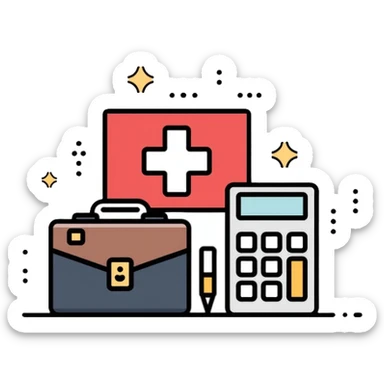 Swiss financial advisor with Swiss cross symbol, briefcase and calculator sticker