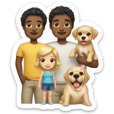 A familia husband and wife black hair a boy of 7 with blond hair another boy of 5 with black hair a baby girl 14 month with blond curly hair, a yellow Labrador and a white pugg sticker